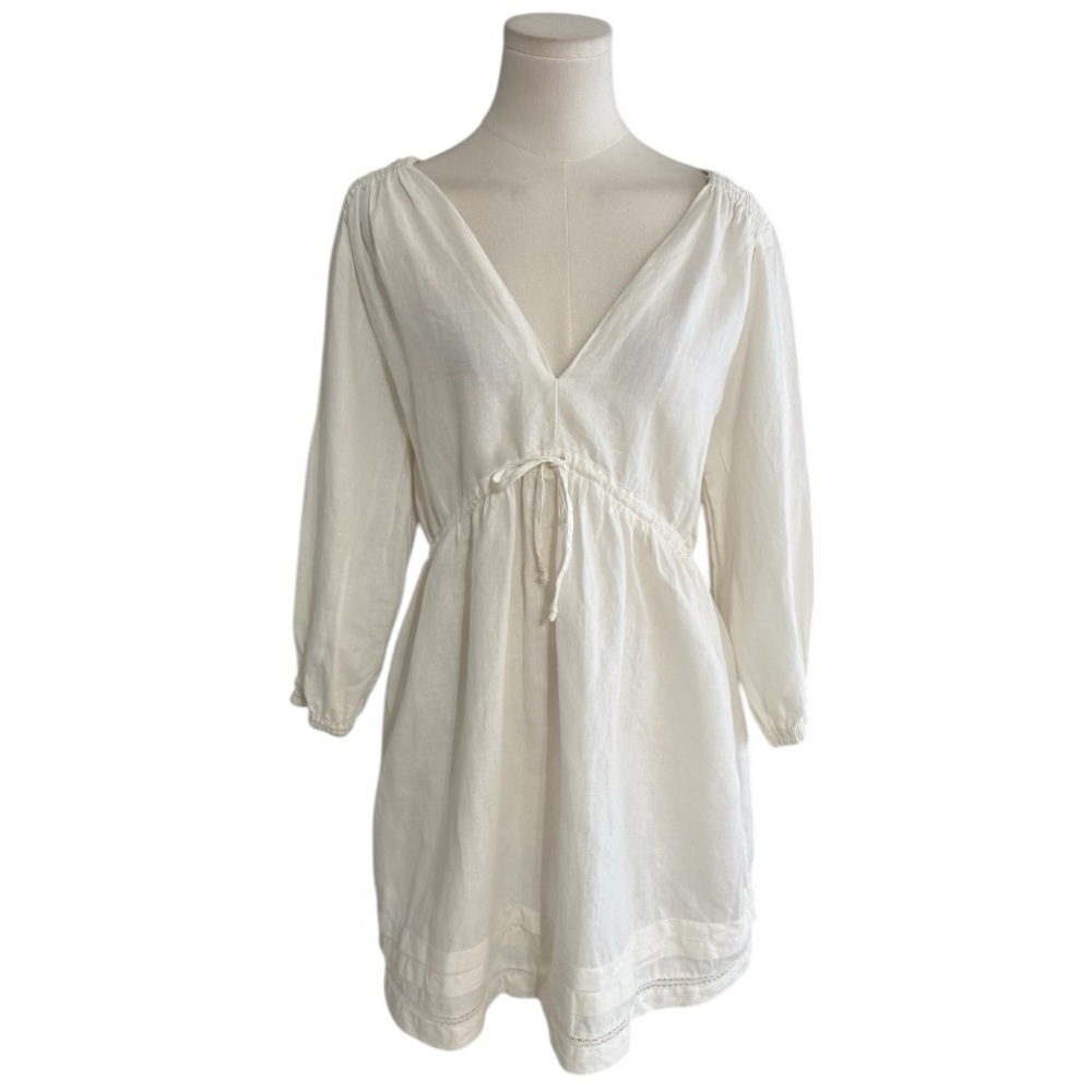ZARA Off White Linen V-Neck Mini Dress Beach Boho Vacation Size S Pool Party